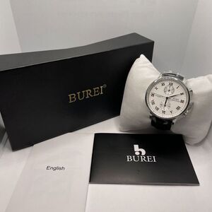 Burei Traveler B-7002M Unisex Black Leather Analog Silver Dial Quartz Watch Cv58